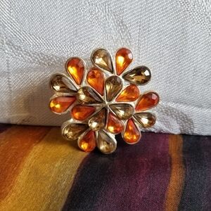Vintage Floral Design Brooch Orange & Smoky Quartz Gemstones Set In Silvertone